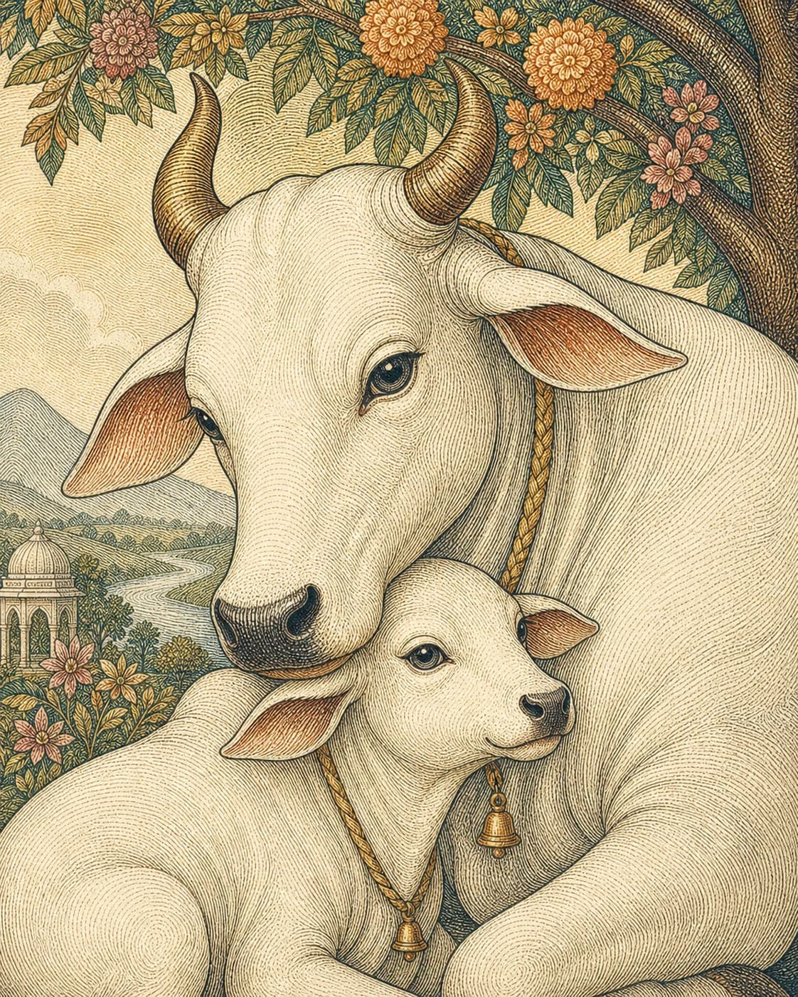 A holy white cow sheltering her calf beneath a flowering tree