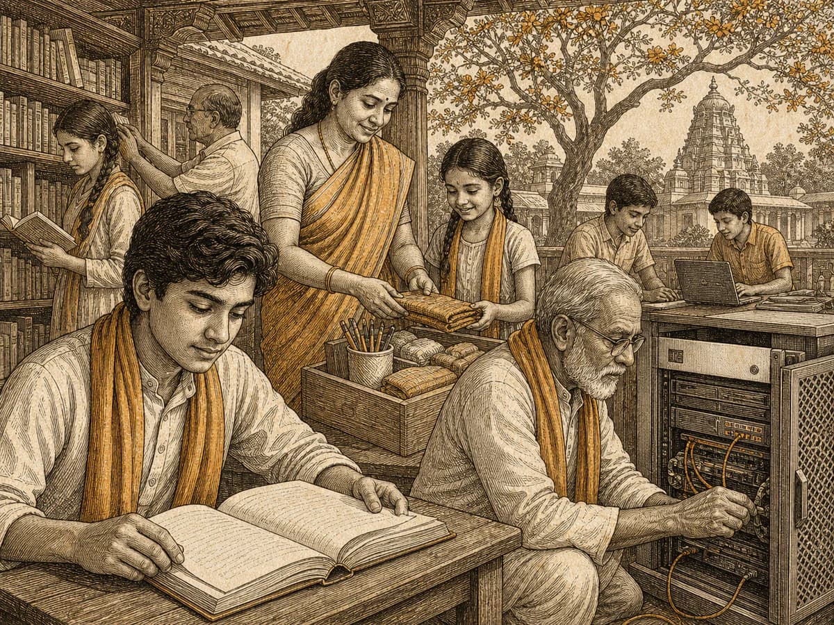 Sepia textbook illustration of a community studying and caring for a free school's books, supplies and server