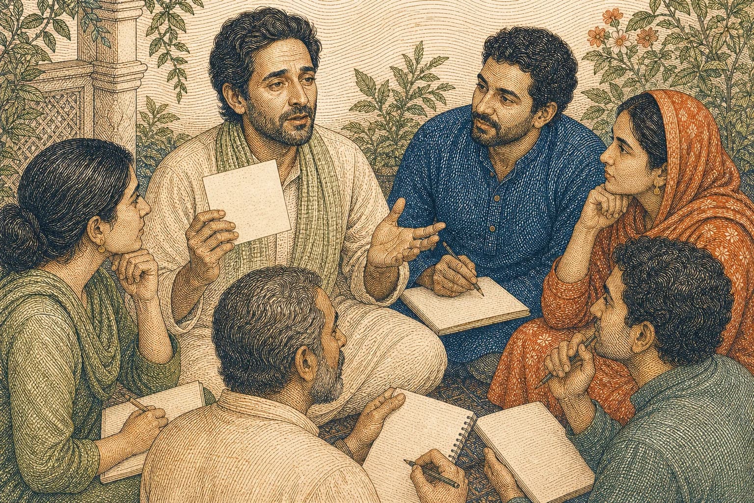 Adult learners reading, discussing and teaching in a circle