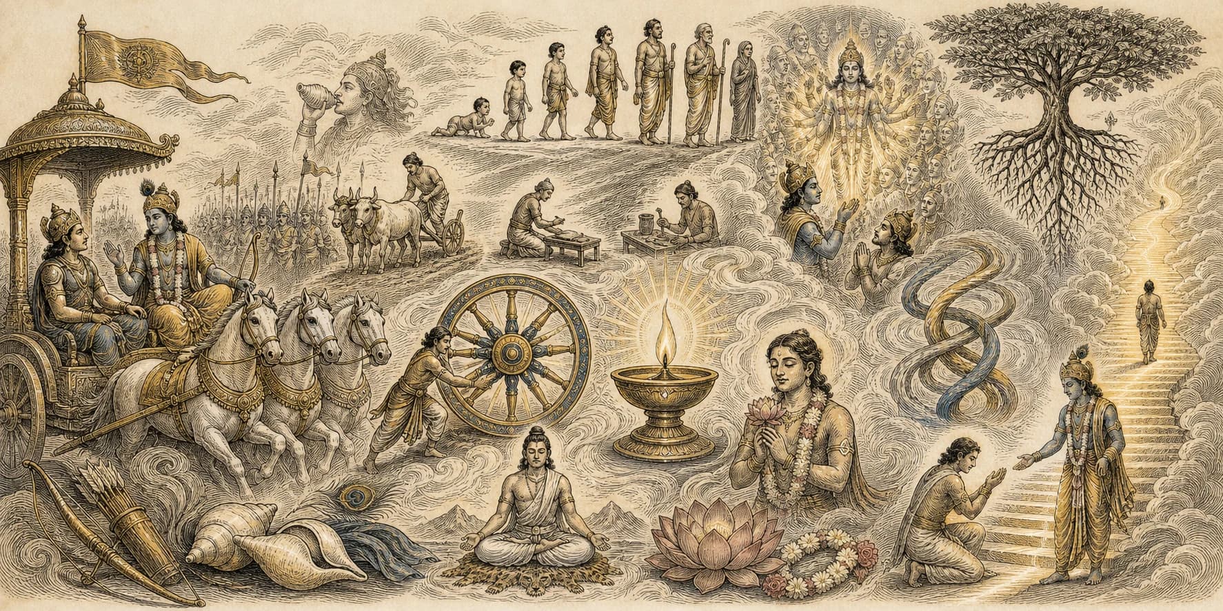 A sepia engraved study panorama for Bhagavad-gītā 13.22, centred on field and knower